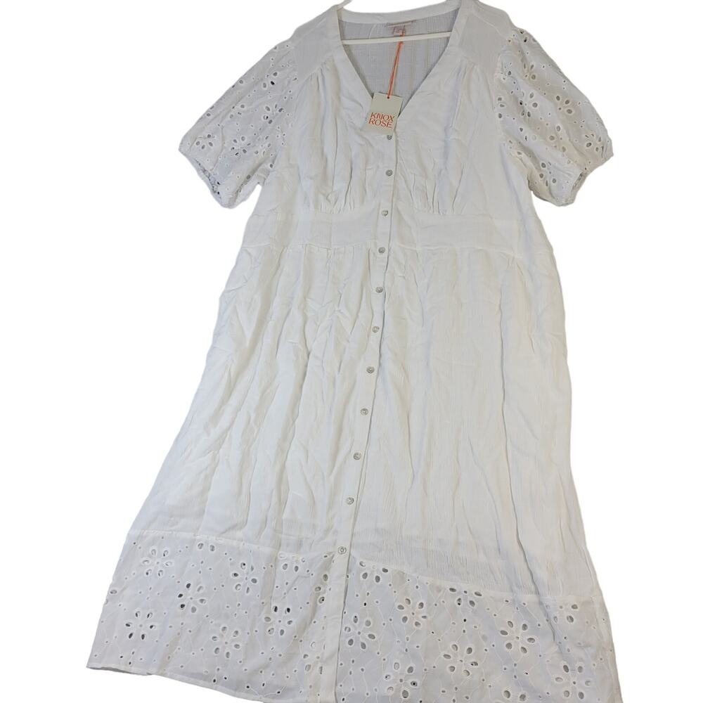 Knox Rose Maxi Dress Wedding Button Front Laced Open Work Embroidered 2X White